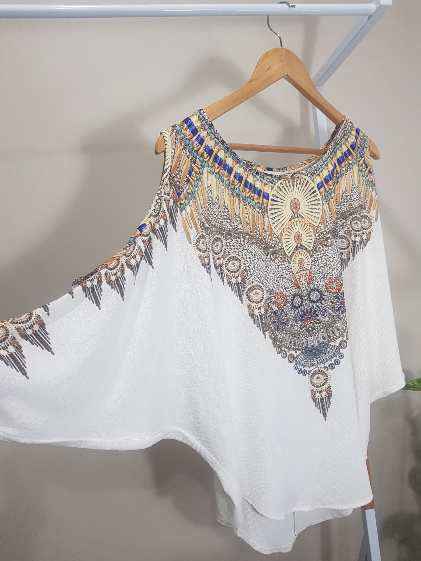 Beautiful bohemian style Blouse - Top - Ladies White Boho Print Open Sleeve Top