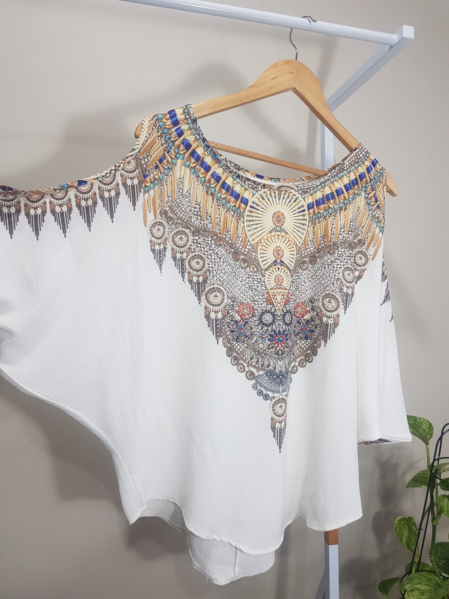 Beautiful bohemian style Blouse - Top - Ladies White Boho Print Open Sleeve Top