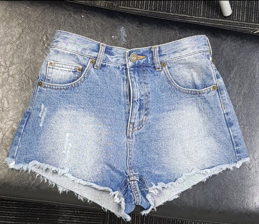 denim shorts with graphics at bottom