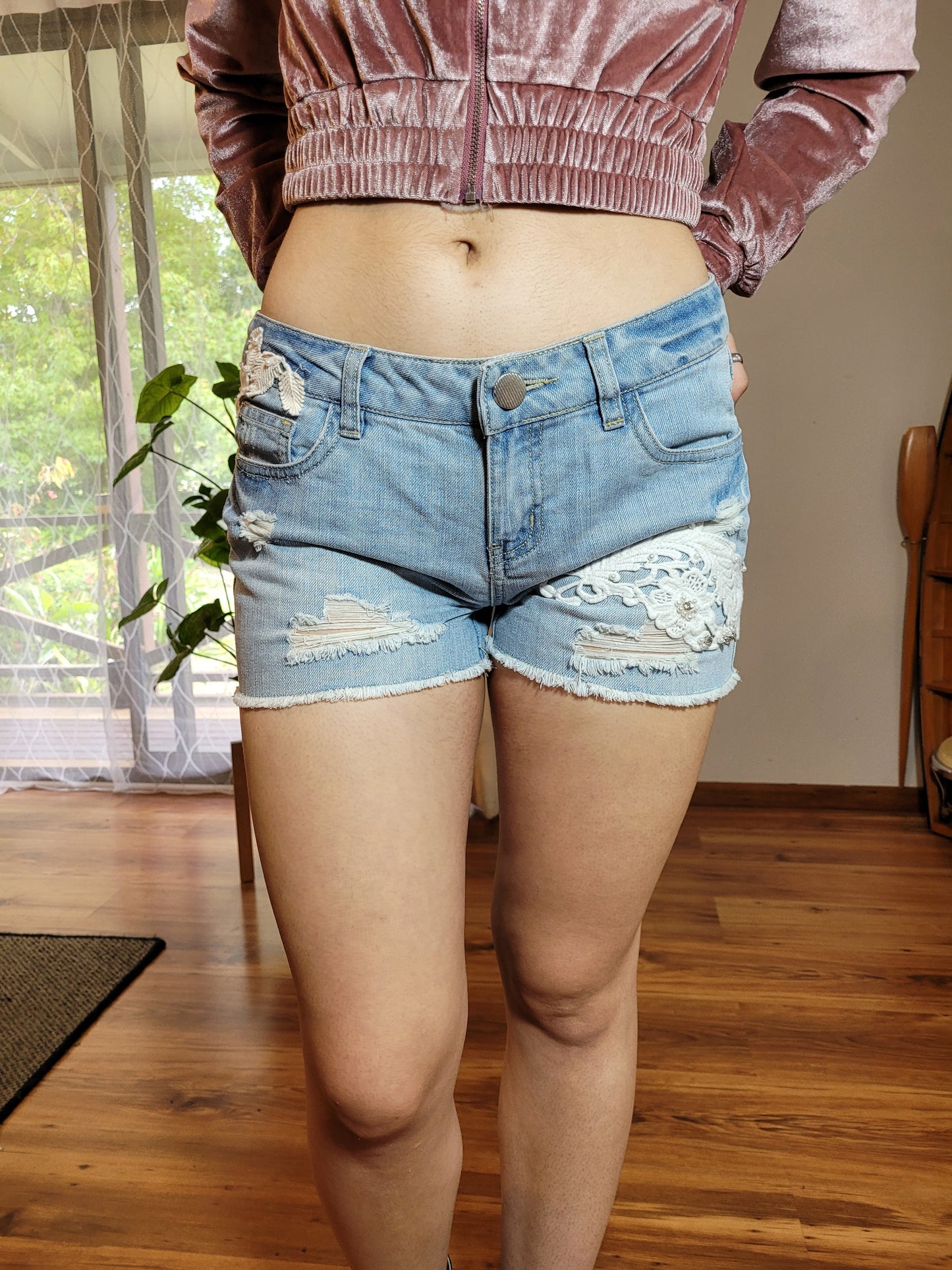 Lace denim shorts