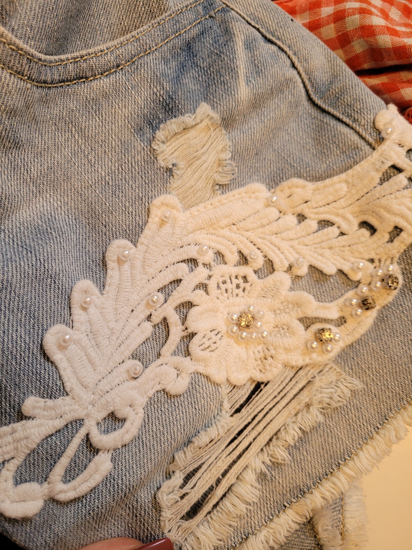 Lace denim shorts