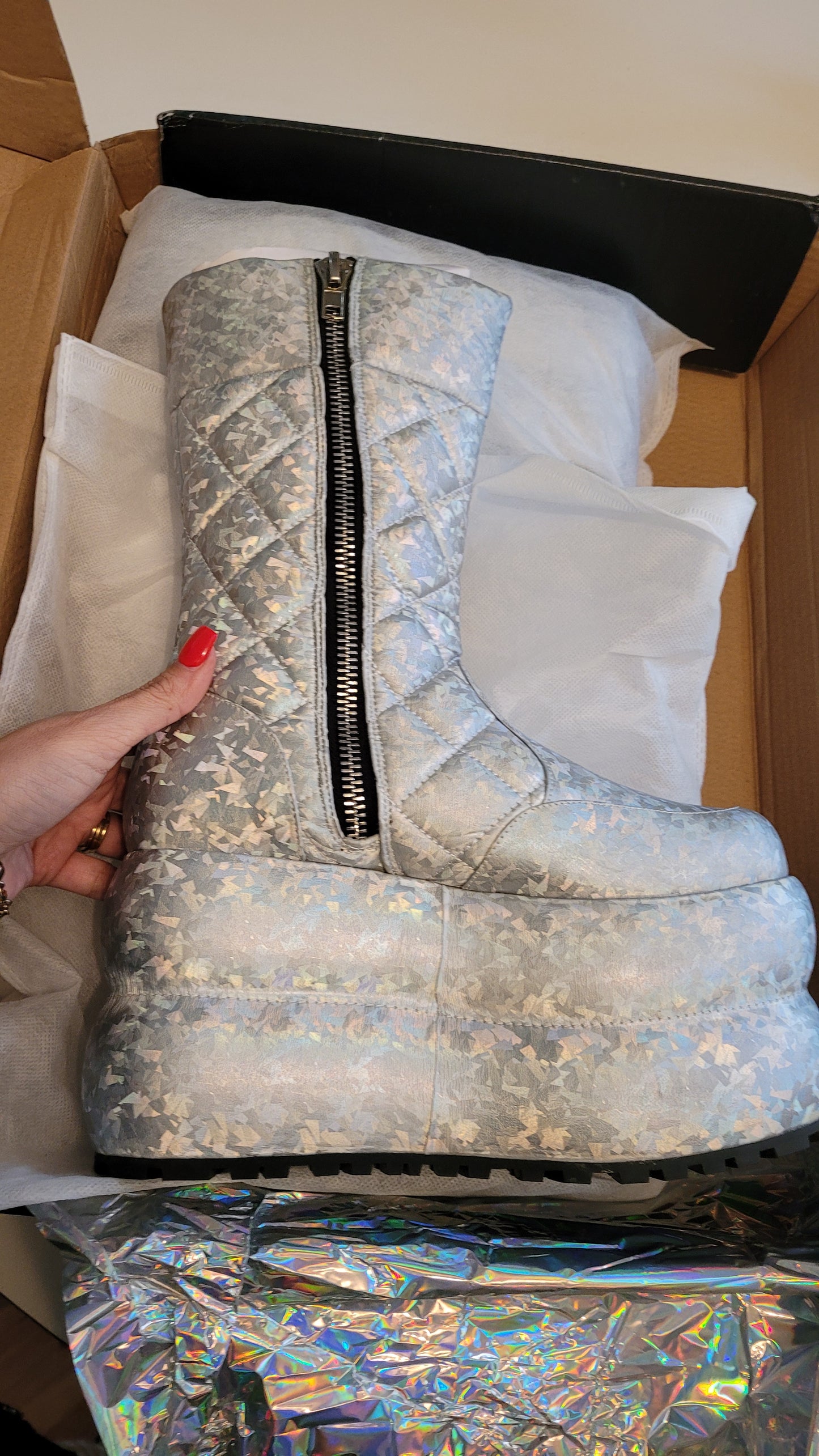 Silver boots - Space Raid Holographic Puffer Boots - Preloved Boots