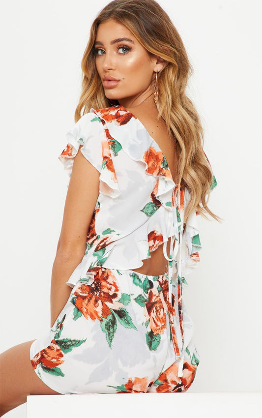 White Floral Frill Back Tie Playsuit Size 12UK